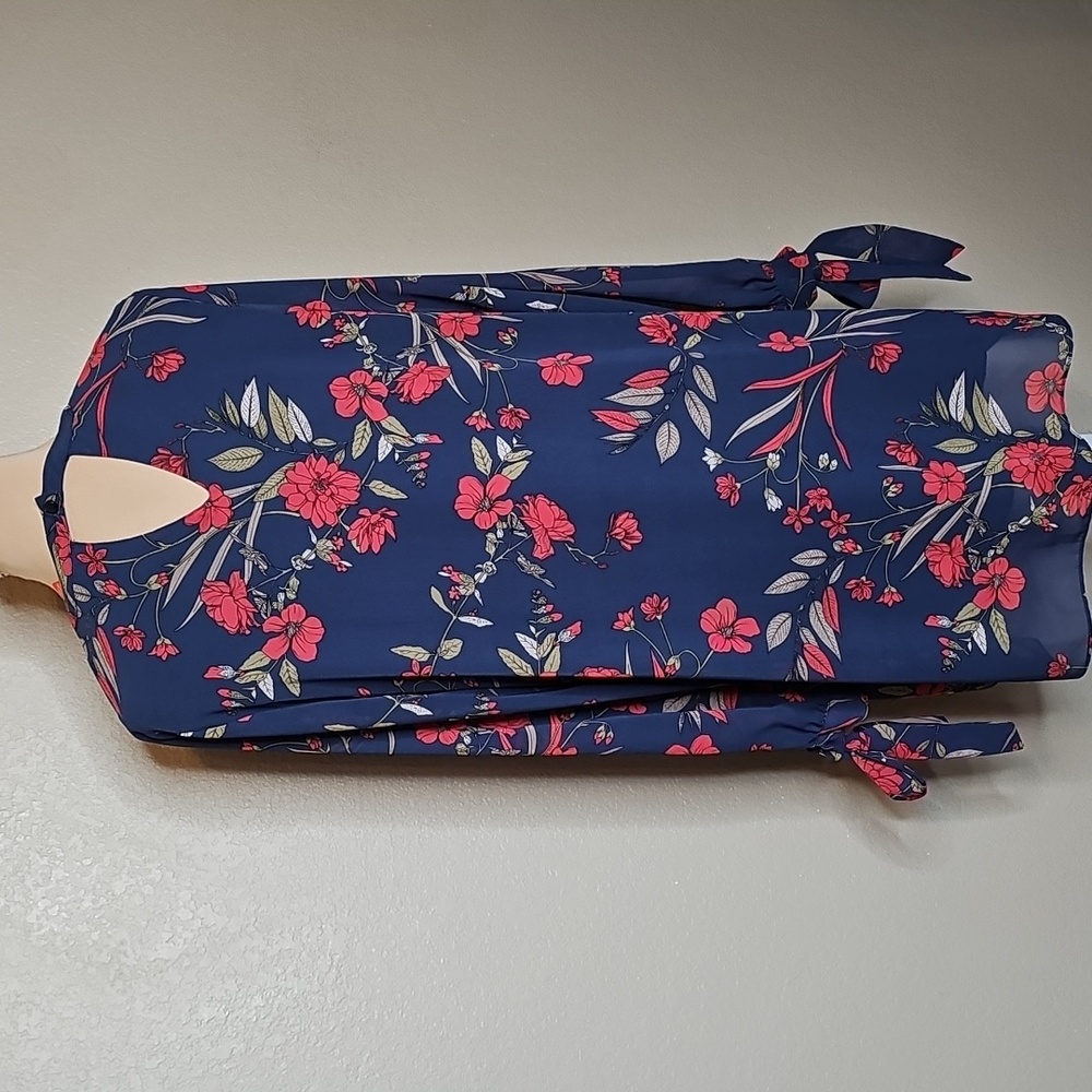 Chelsea & Violet Navy and Red Floral Long Sleeve‎ Dress Large Tie Cuffs - Picture 5 of 9